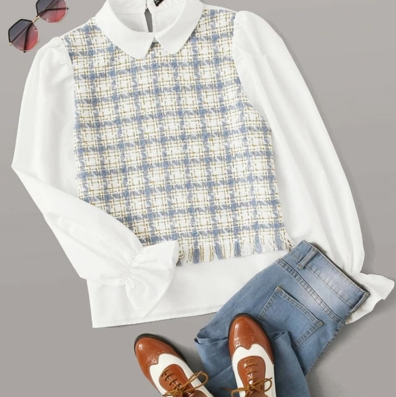SHEIN Tops - Shein Bell Cuffed Mixed Media Plaid Top